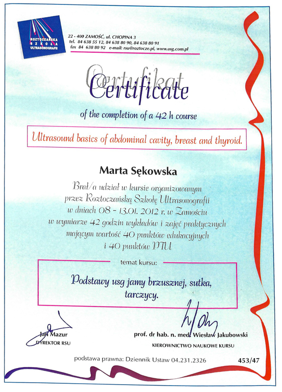 certyfikat dla dr med Marty Sękowskiej