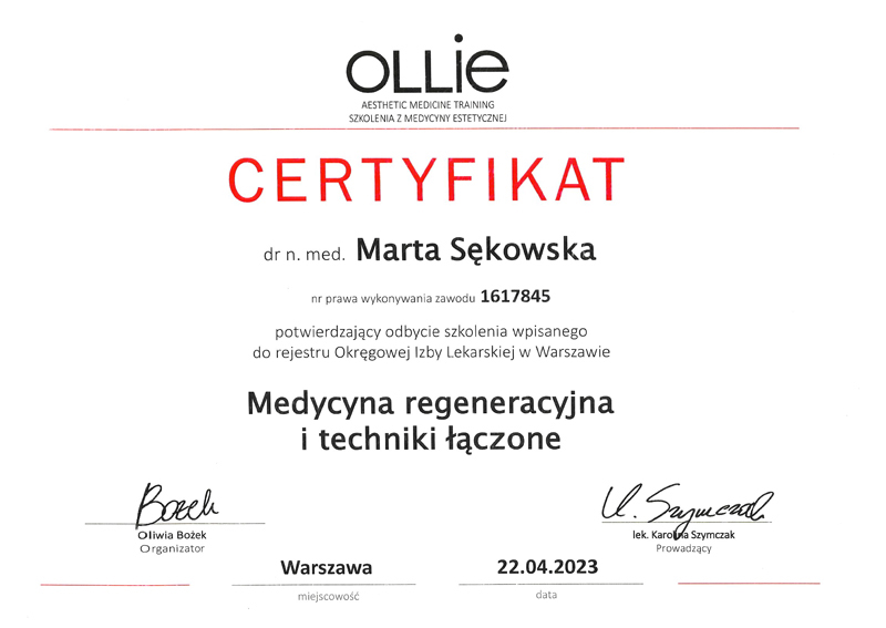 certyfikat dla dr med Marty Sękowskiej